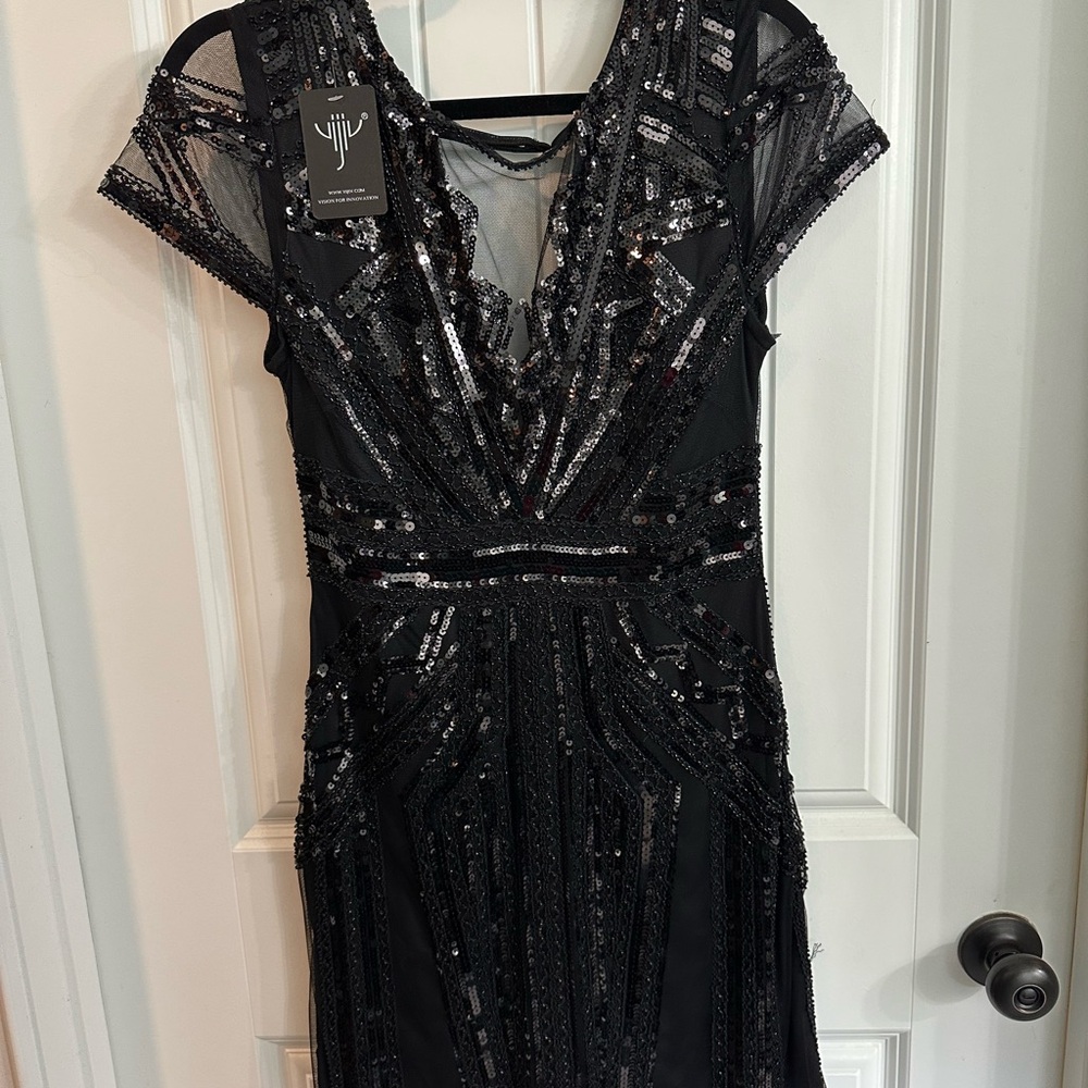 Black Sequin Cocktail Dress Plunge Neckline